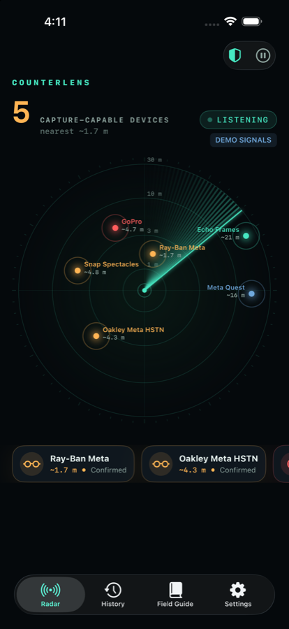 Counterlens radar screen showing detected devices